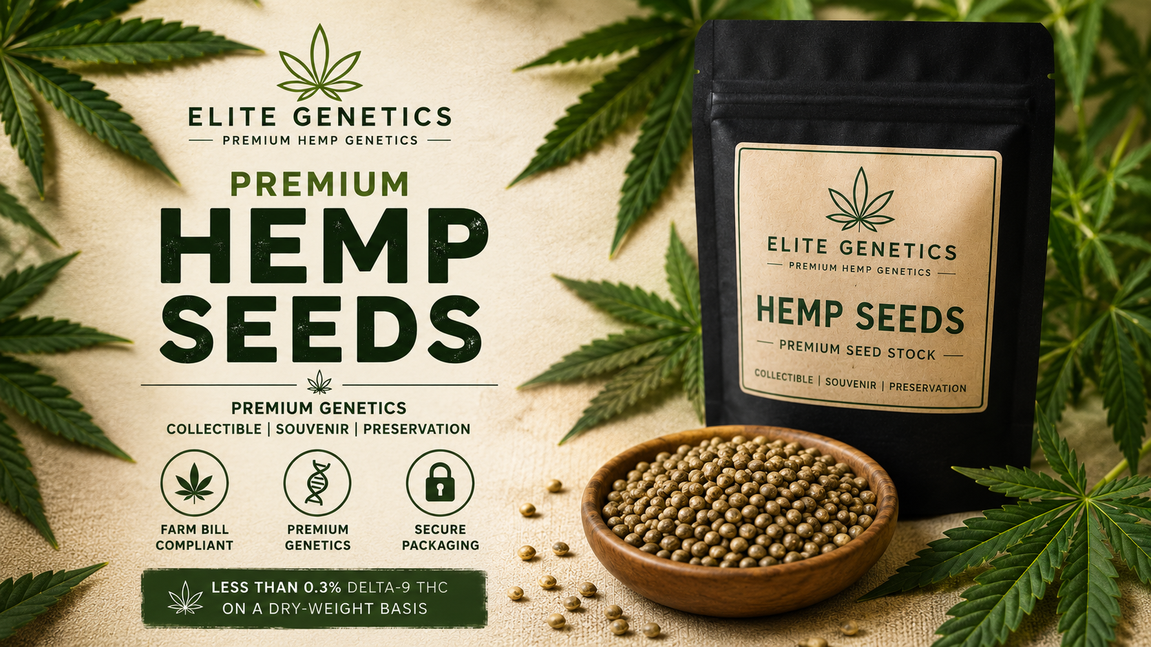 Elite Genetics premium hemp seeds packaging with seeds and leaves in the background